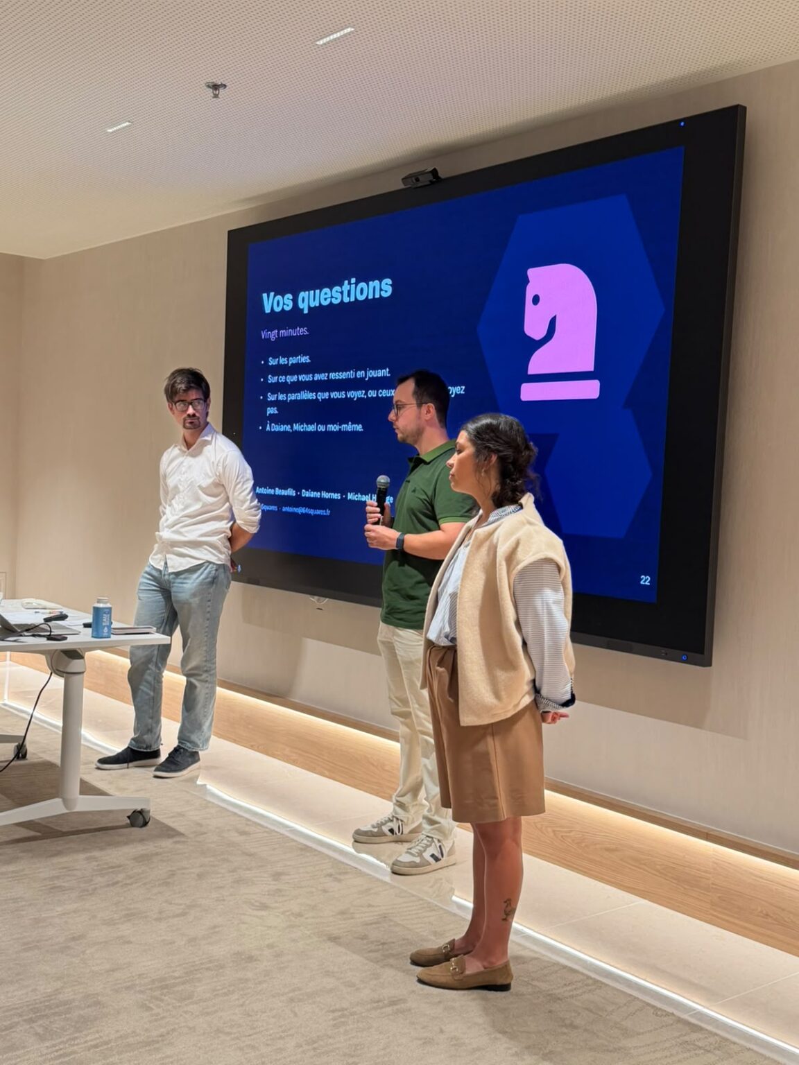 Les trois intervenants de 64 Squares pendant les questions-réponses chez Groupama